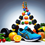 **A vibrant DNA strand intertwining with various healthy foods (fruits, vegetables, lean protein) and exercise equipment (dumbbells, running shoes), symbolizing personalized nutrition and fitness guided by genomics.**
