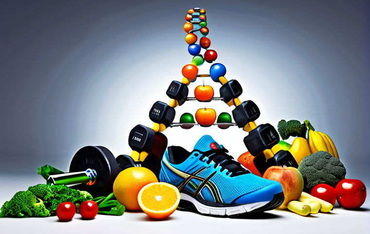 **A vibrant DNA strand intertwining with various healthy foods (fruits, vegetables, lean protein) and exercise equipment (dumbbells, running shoes), symbolizing personalized nutrition and fitness guided by genomics.**