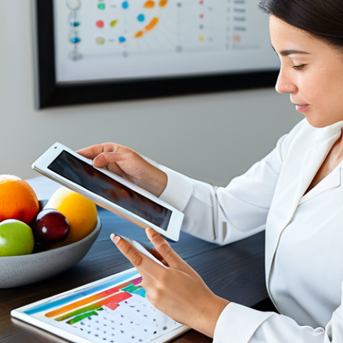 A professional woman, fully clothed in a modest business casual outfit, sits thoughtfully at a modern wooden table, holding a sleek digital tablet displaying abstract DNA helix graphics and a personalized nutrition chart. A bowl of fresh, colorful fruits and a glass of water are visible on the table. The background is a bright, clean, minimalist home office with soft, natural lighting. The image conveys scientific insight and personal empowerment. Perfect anatomy, correct proportions, well-formed hands, proper finger count, natural body proportions, natural pose. Professional photography, high quality, safe for work, appropriate content, fully clothed, modest dress, family-friendly.