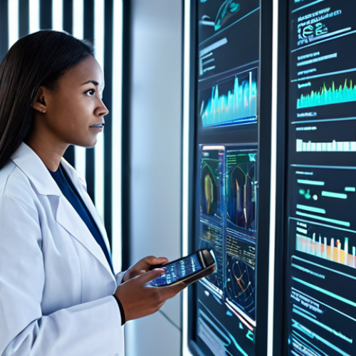 A professional, diverse woman in a modest lab coat, standing thoughtfully in a futuristic, clean laboratory. She is observing holographic data visualizations of intertwined DNA helixes and complex health metrics on a transparent screen. The background is softly lit, emphasizing innovation and precision. The image conveys genetic understanding leading to personalized wellness solutions. fully clothed, appropriate attire, professional dress, safe for work, perfect anatomy, correct proportions, natural pose, well-formed hands, proper finger count, natural body proportions, professional photography, high quality, family-friendly.