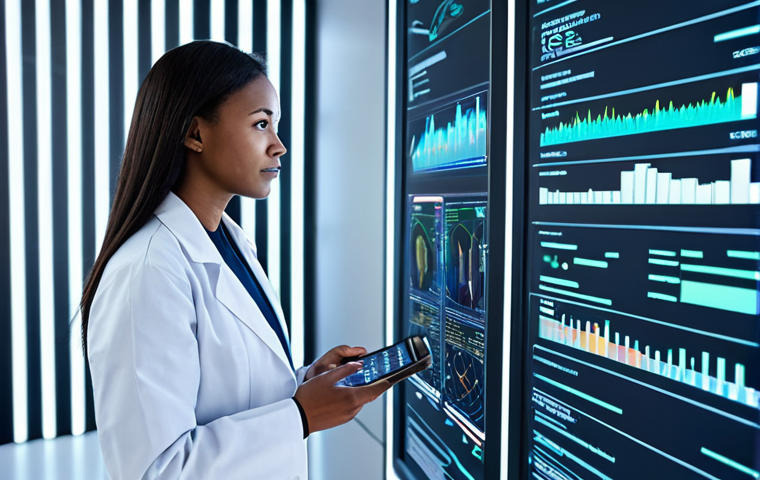 A professional, diverse woman in a modest lab coat, standing thoughtfully in a futuristic, clean laboratory. She is observing holographic data visualizations of intertwined DNA helixes and complex health metrics on a transparent screen. The background is softly lit, emphasizing innovation and precision. The image conveys genetic understanding leading to personalized wellness solutions. fully clothed, appropriate attire, professional dress, safe for work, perfect anatomy, correct proportions, natural pose, well-formed hands, proper finger count, natural body proportions, professional photography, high quality, family-friendly.