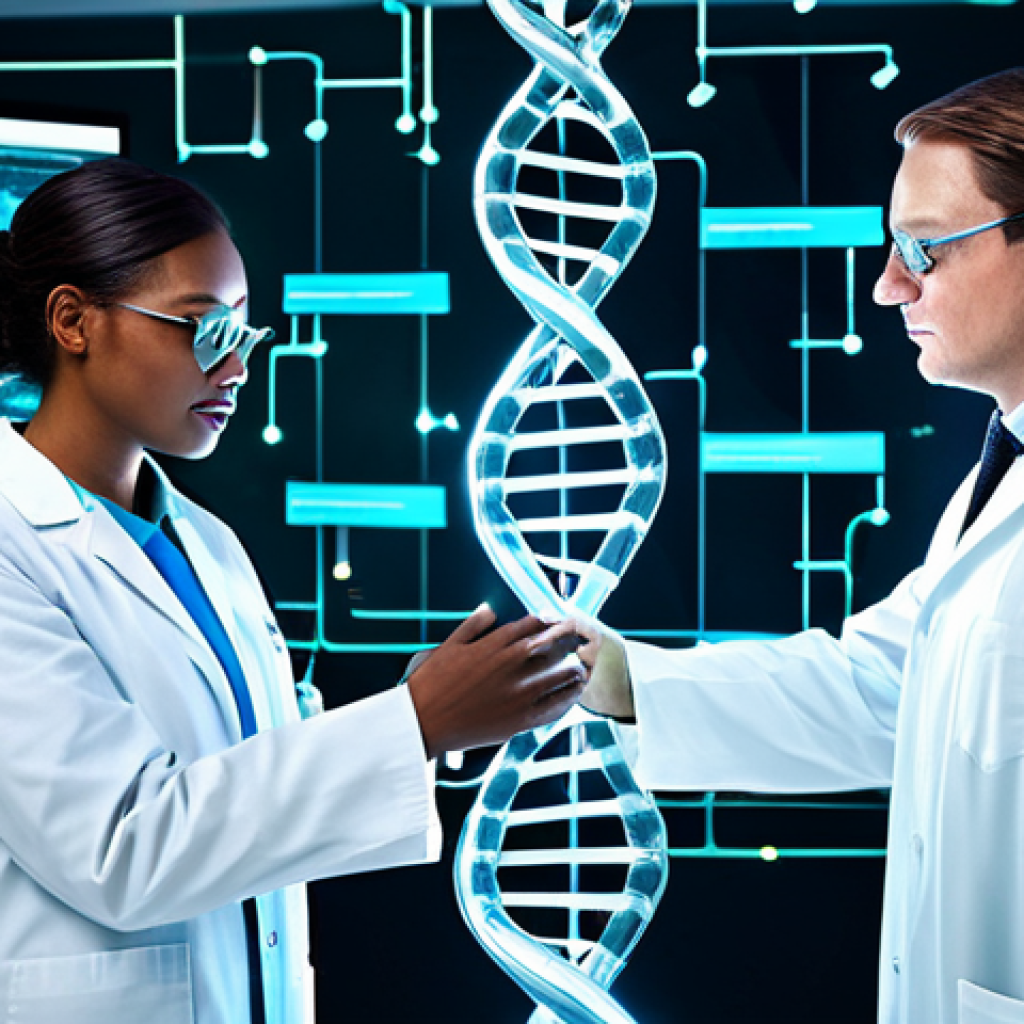 유전자 기반의 맞춤형 약물 치료의 가능성 - Personalized Medicine Concept**
"A futuristic medical lab, DNA strands visualized as glowing data s...