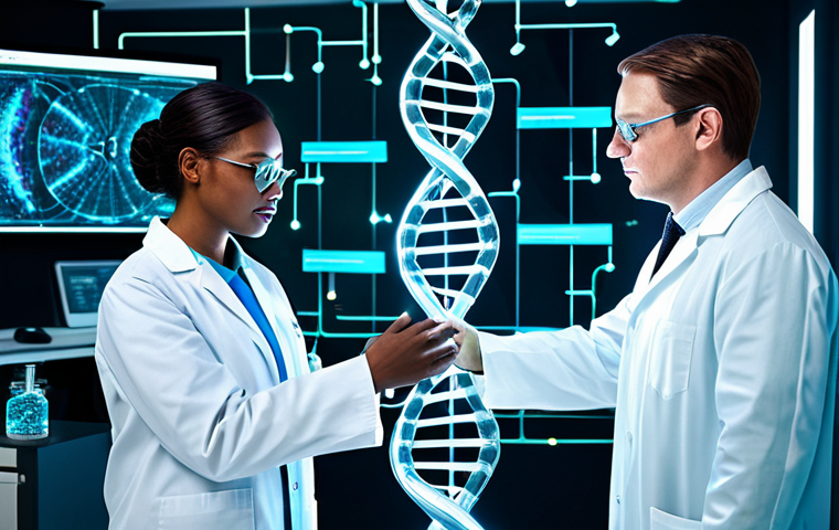 유전자 기반의 맞춤형 약물 치료의 가능성 - Personalized Medicine Concept**
"A futuristic medical lab, DNA strands visualized as glowing data s...