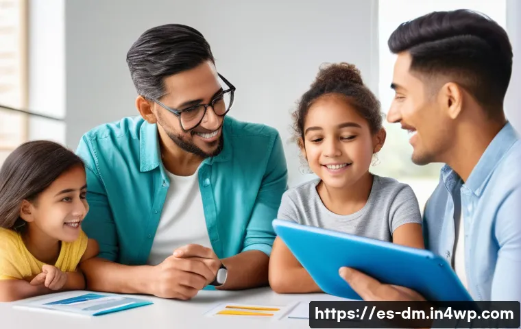 유전자 검사를 통한 유전병 예방 전략 - A modern genetic counseling clinic setting with a diverse Hispanic family of four, parents and two c...