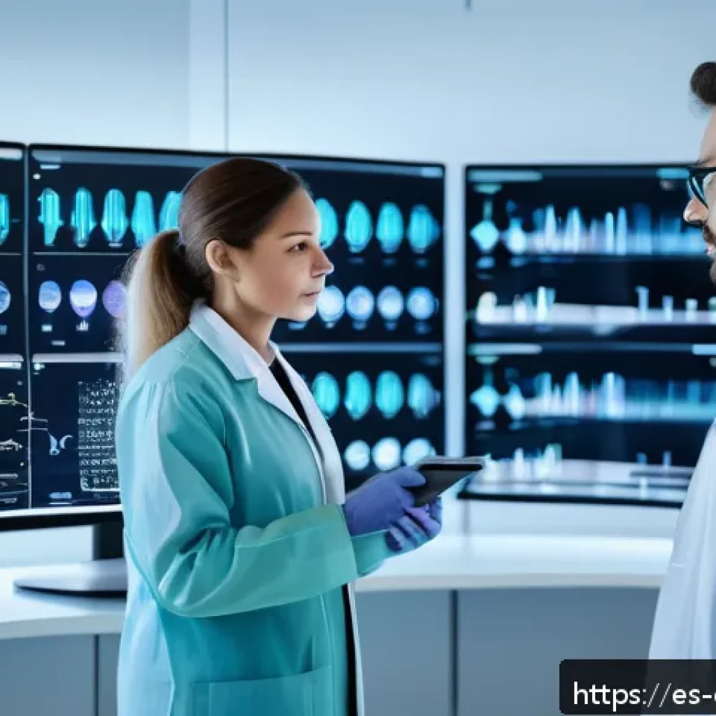 맞춤형 건강 관리의 미래 전망 - A modern medical laboratory scene showing a diverse group of healthcare professionals using advanced...