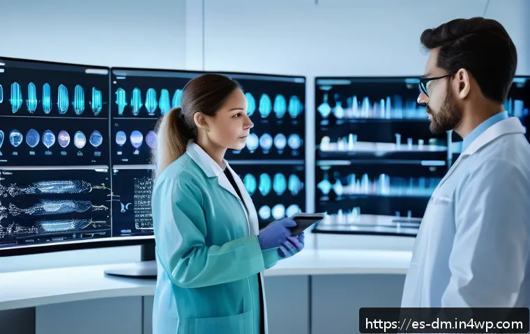 맞춤형 건강 관리의 미래 전망 - A modern medical laboratory scene showing a diverse group of healthcare professionals using advanced...