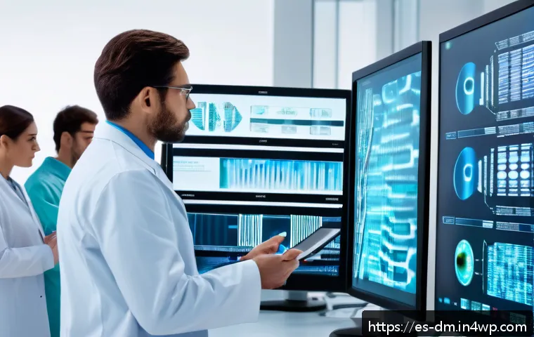 유전자 맞춤형 건강 관리의 미래 비전 - A modern medical laboratory scene in Spain showing a diverse group of healthcare professionals analy...