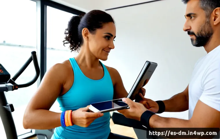 Home 17 유전자 맞춤형 운동 장비 추천 - Photorealistic wellness consultation in a bright contemporary fitness studio in Madrid, a Hispanic w...