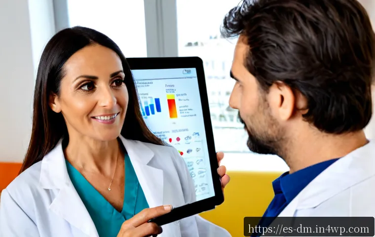 Home 17 유전자 맞춤형 건강 관리의 시장 전망 - Photorealistic modern preventive healthcare consultation in a bright Madrid clinic, a middle-aged Sp...